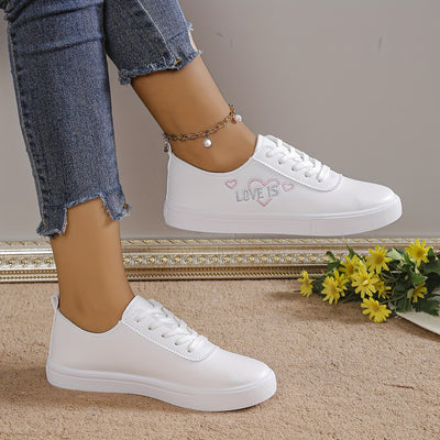 Women's Heart Pattern Sneakers, Casual Lace Up Outdoor Shoes, Comfortable Low Top Faux Leather Shoes