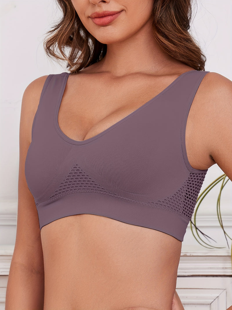 1pc, Esselegance, Sports Bra, Vest, No Rims, with Chest Pads, Mesh, Breathable, High Elasticity, Yoga, Running