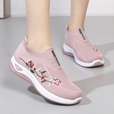 Women's Versatile Breathable Knitted Sneakers With Embroidered Floral Design, Comfortable Casual Sports Shoes
