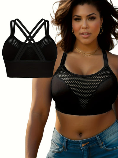 3pcs Plus Size Women's Sports Bra, Cross-Strap Mesh Cut-Out Design Running Bra with Removable Pads