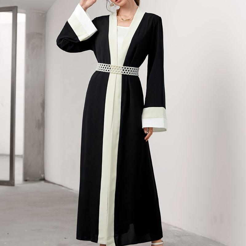 Cozy Comfort, Elegant Black and Cream Long Robe with Ruffle Sleeves - Polyester, Machine Washable, Casual Style for Women - Perfect for Spring/Summer/Fall