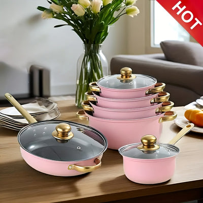 18pcs Pink Stainless Steel Cookware Set with Non-Stick Pans & Lids - Induction Compatible, Stackable Space-Saving Design, Golden-Toned Black Lids & Black Utensil-Friendly Sides, Heat-Resistant Durable 410 Stainless Steel Cons