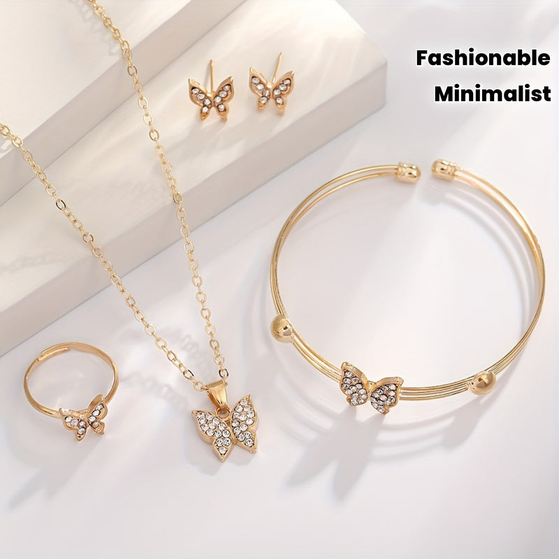 4pcs Stylish Minimalist Shiny Butterfly Pendant Necklace, Bracelet, Ring, and Earrings Set for Girls - Elegant Best Friend Jewelry Collection, for Teenager