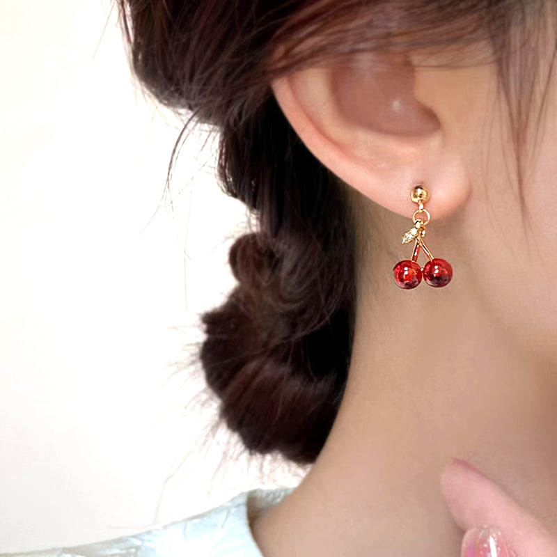 NEW 3pcs set, red cherry fruit earrings and necklace, high-quality jewelry, upgraded cute earrings and necklace, premium decorative earrings, suitable for daily wear, wedding season accessory, perfect gift for best friends, c