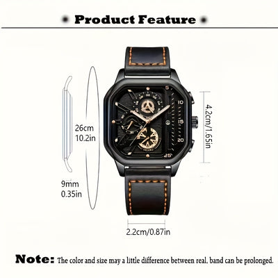 1pc Men'S Sports Watch - Quartz Movement, Square Alloy Case, Faux Leather Strap, Non-Waterproof, Battery Powered with Calendar Feature - Stylish Everyday Wear