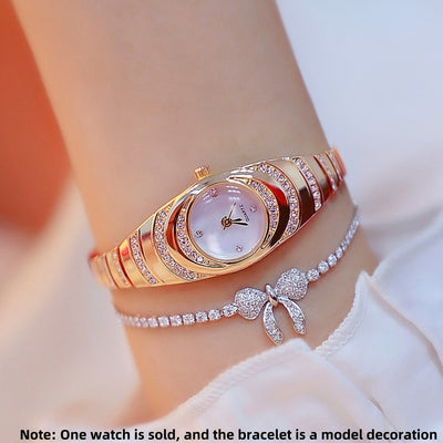 A New Women'S Watch with A Simple Design, Featuring A Round Dial with Rhinestones And A Golden Quartz Watch, Suitable for Daily Decoration, an Ideal Choice for A Birthday Gift.