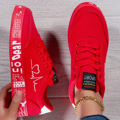 Women's Heart Pattern Canvas Shoes, Casual Lace Up Outdoor Shoes, Comfortable Low Top Sneakers