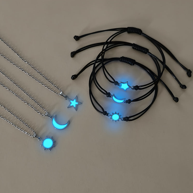 6pcs/Set Glow-in-the-Dark Sun Moon Stars Necklace Handwoven Fashion Cord Set