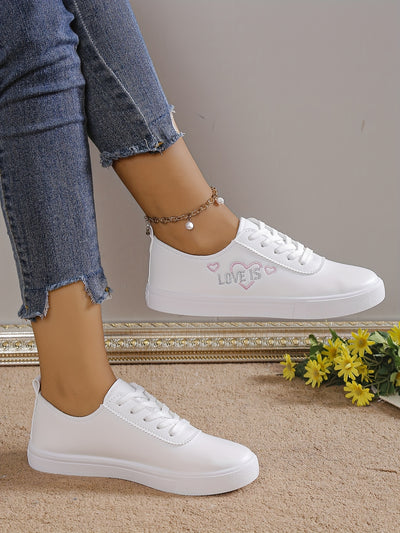 Women's Heart Pattern Sneakers, Casual Lace Up Outdoor Shoes, Comfortable Low Top Faux Leather Shoes