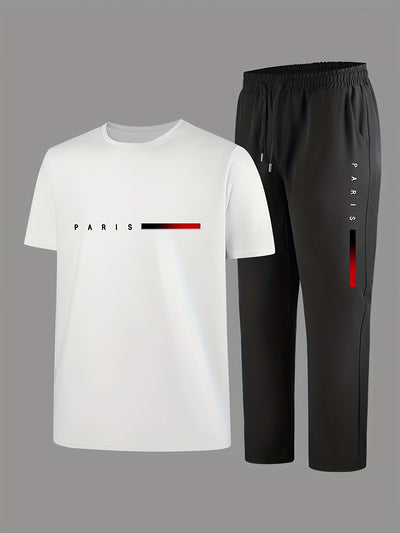Men'S Casual Sports Two-Piece Set Short Sleeve Top Straight Leg Pants with Paris Print, Fashionable And Trendy, Ideal for Summer, Parties, Casual Outings, And Everyday Wear, Everyday Wear|Short Sleeve Top|Print Trousers