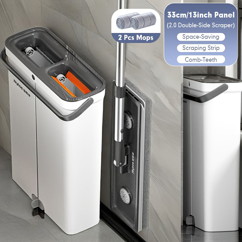 JOYBOS Hands-Free Mop and Bucket Set with 2 Washable Cloths - Heavy-Duty ABS/SS/Polypropylene, Wet & Dry Floor System with Water Filling & Design, Space-Saving Modern Mop for Vinyl Floors, Ideal for Living Room, Bedroom, Kitc