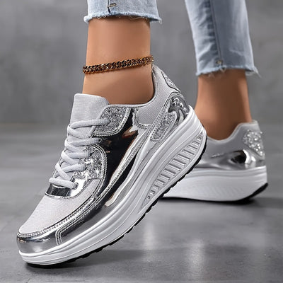 Women's Metallic Platform Sneakers, Breathable Mesh Lace Up Outdoor Shoes, Comfortable Low Top Sport Shoes