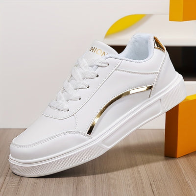 Women's All-Match White Skate Shoes, Casual Round Toe Lace Up Sneakers, Comfortable Low Top Flat Sports Shoes
