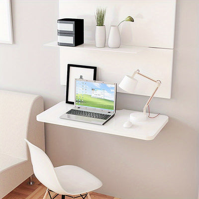 Space-Saving White Wooden Wall-Mounted Folding Desk - Adjustable & Foldable Computer Monitor and Laptop Stand with Cork Material, Ideal for Home & Office Organization, Perfect for Kitchen, Dorms