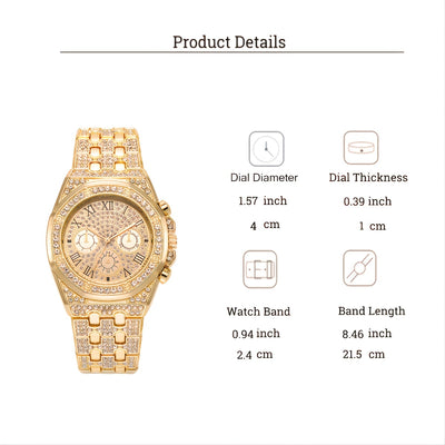 ساعة نسائية فاخرة ذهبية اللون مرصعة بأحجار الراين بأرقام رومانية، وحركة كوارتز، وإطار لامع - ساعة أنيقة للأعمال، بشاشة تناظرية، وساعة رسمية | أناقة كلاسيكية | سوار متين