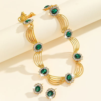 Pair of earrings + a green rhinestone necklace, blingbling sparkling luxury jewelry set, perfect for dance parties and gifting