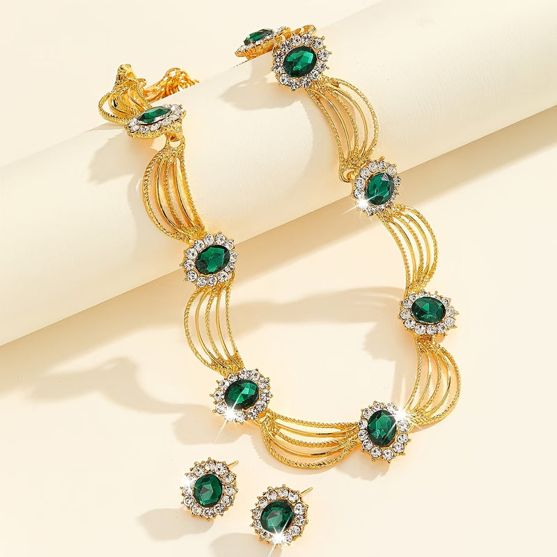 Pair of earrings + a green rhinestone necklace, blingbling sparkling luxury jewelry set, perfect for dance parties and gifting