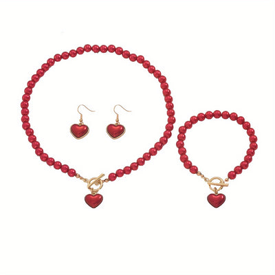 Vintage Red Bead Love Set Necklace, Bracelet and Earrings, Court Style Sweet Jewelry Three-Piece Set
