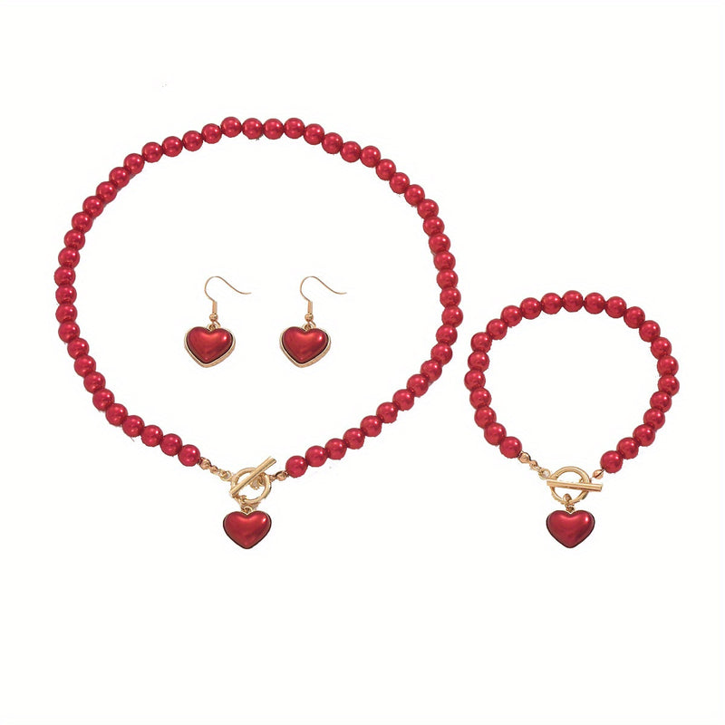 Vintage Red Bead Love Set Necklace, Bracelet and Earrings, Court Style Sweet Jewelry Three-Piece Set