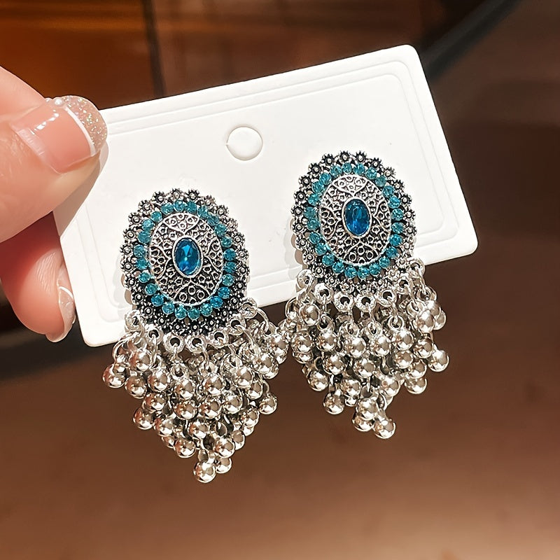 Elegant Court-Style Rhinestone Tassel Earrings - Stainless Steel Posts, Alloy with Sparkling Gems for Parties & Banquets