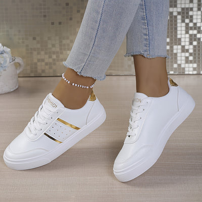 Women'S White Low-Top Sneakers with Golden Accents - Genuine Leather Upper, Breathable Fabric Lining & Durable Rubber Sole, Lace-Up Casual Shoes for All-Season Comfort, Ladies Sneakers, Baked White Sports Shoe For Women