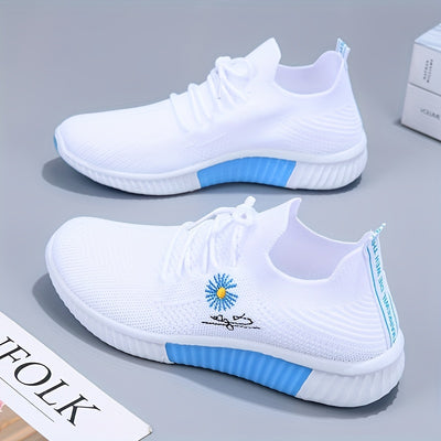 Women's Flower Pattern Sneakers, Breathable Flying Woven Outdoor Shoes, Lightweight Low Top Running Shoes
