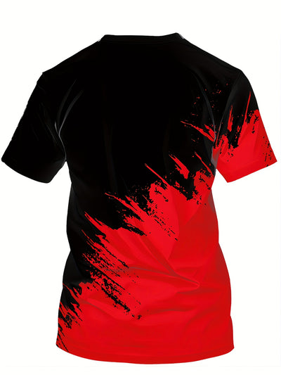 Men's Casual 3D Digital Print Short Sleeve T-Shirt - Black with Red & Gray Brush Stroke Design, Breathable Summer Tee, Regular Fit, Machine Washable, Casual Attire, Modern Textile Technology