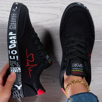 Women's Heart Pattern Canvas Shoes, Casual Lace Up Outdoor Shoes, Comfortable Low Top Sneakers