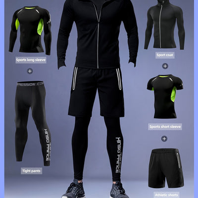 Men'S 5pcs Athletic Apparel Set - Hooded Jacket, Long Sleeve Compression Shirt, Short Sleeve Compression Top, Running Tights, and Shorts - Polyester High Stretch Fabric, Zip Detail, for Training, Hiking, Basketball, Gym - Fou