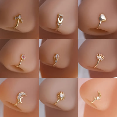 10pcs Set of Non-Piercing Nose Clips - Cute and Sexy Copper Cubic Synthetic Zirconia Design, U-shaped Heart, Crown, Butterfly and Star Patterns, Suitable for Daily Wear