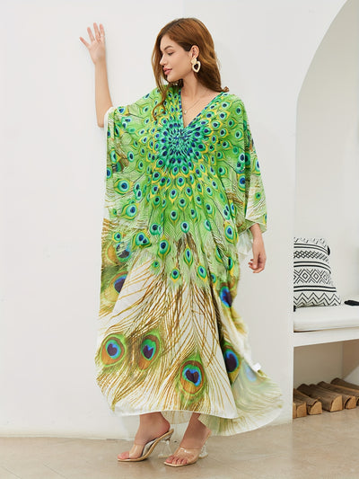 peocock printed women beach kaftans handmade waved maxi dresses bikini cover ups for swimwear bathing suits