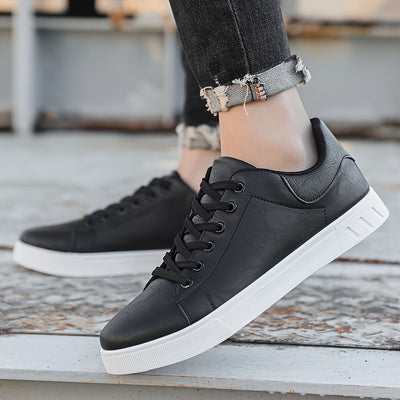 Men's Solid Lace-up Skateboard Shoes With PU Leather Uppers, Fashion Comfortable Non-slip Outdoor Shoes Walking Jogging Sneakers