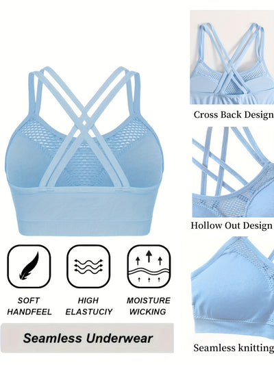 3pcs Plus Size Women's Sports Bra, Cross-Strap Mesh Cut-Out Design Running Bra with Removable Pads