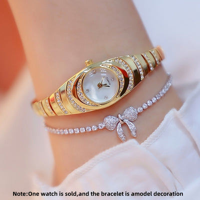 A New Women'S Watch with A Simple Design, Featuring A Round Dial with Rhinestones And A Golden Quartz Watch, Suitable for Daily Decoration, an Ideal Choice for A Birthday Gift.