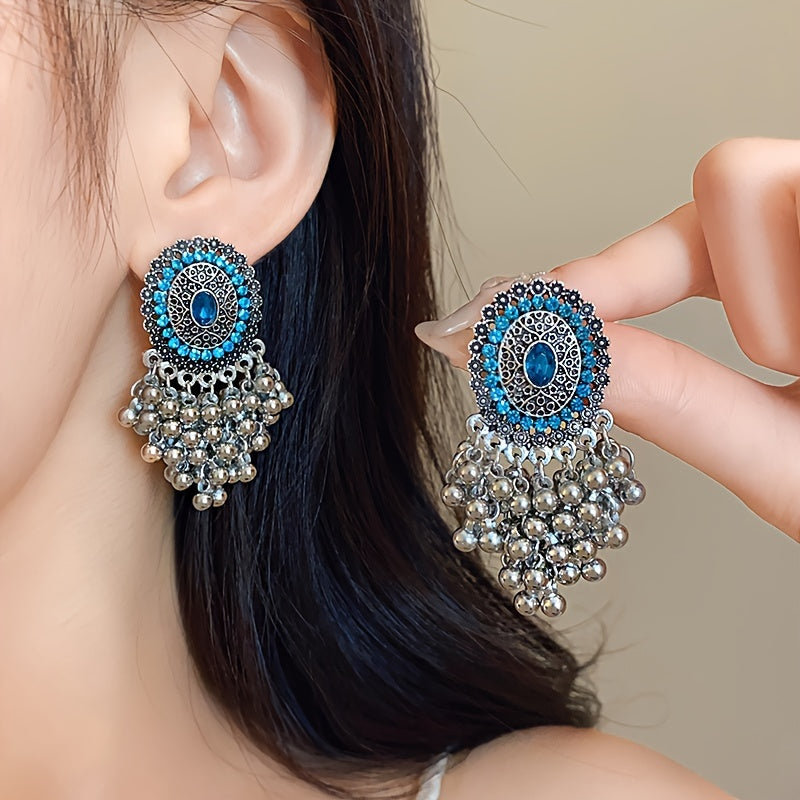 Elegant Court-Style Rhinestone Tassel Earrings - Stainless Steel Posts, Alloy with Sparkling Gems for Parties & Banquets