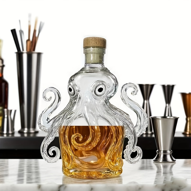 Octopus-Shaped Wine & Whiskey Decanter with Reusable Glass Cup - 300ml Elegant Squid Design with Tentacle Stopper, Clear Glass Mini Portable Bottle for Home, Parties, Halloween & Christmas Gifts - Durable Glass Construction,