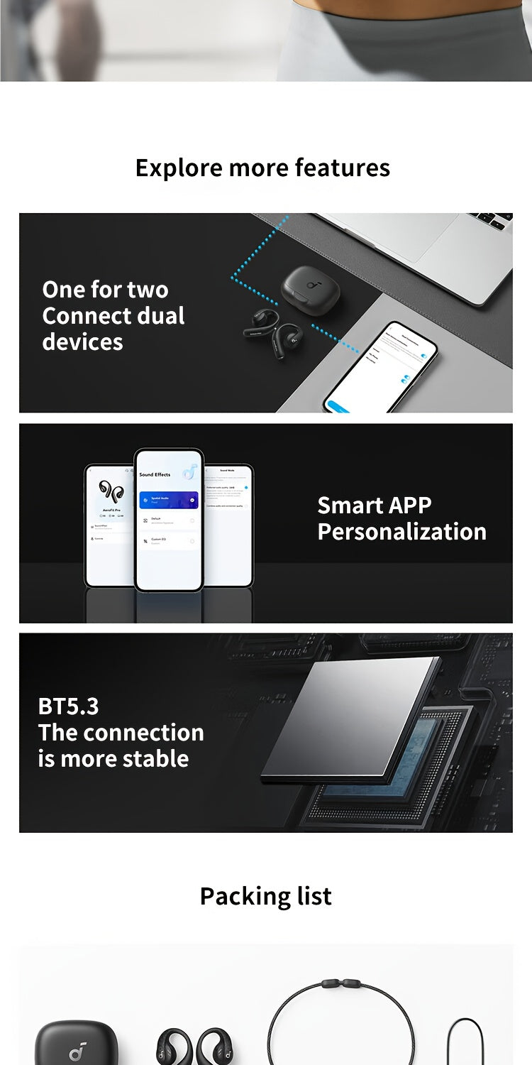 Soundcore AeroFit Pro Wireless Earbuds, Open-Ear Design for Comfortable Long-Term Wear, Strong Sound Quality, 2-in-1 Use, Built-in Microphone, 16.2mm Speakers, USB-C Charging, Ideal for Running and Outdoor Activities, Outdoor