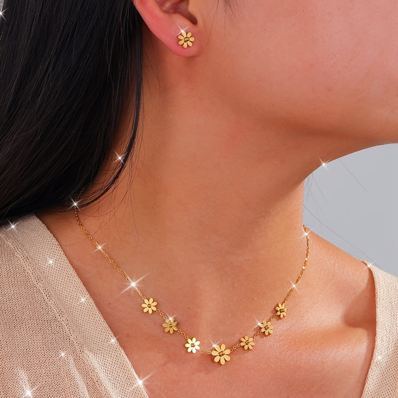 A Stylish 3pcs Jewelry Set Featuring a Delicate Daisy Design, Including a Necklace And Earrings, Perfect for Vacations, Parties, Everyday Wear, And Graduation Gifts.