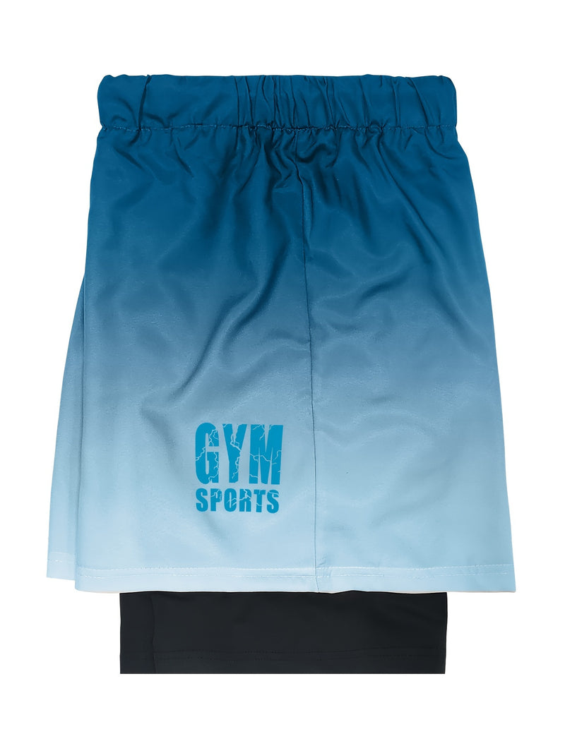 2-in-1 Double Layer Ombre Shorts - High Stretch, Drawstring Waist, Side Pocket, Breathable, Quick-Drying, Comfortable, Mens Sports Shorts for Summer Gym Workout, Training, and Fitness - GYM Pattern Print, Bull Design