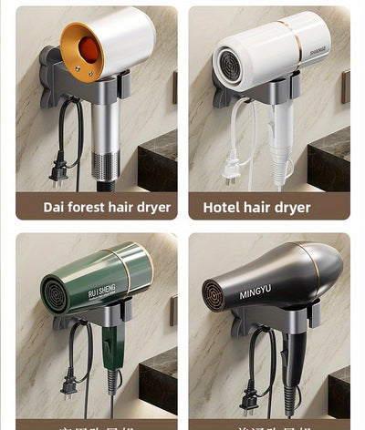 Space-Saving Wall-Mounted Hair Dryer Holder - No Drilling Required, Easy Installation, Compatible with Various Hair Dryer Models for Home & Bathroom Organization, Sleek Black Design with Metallic Accents, Durable Plastic Cons