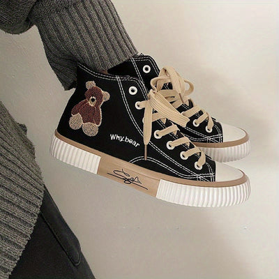 Women's Cute Bear Pattern Canvas Shoes, Casual Lace Up Outdoor Shoes, Comfortable High Top Shoes