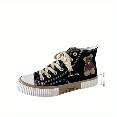 Women's Cute Bear Pattern Canvas Shoes, Casual Lace Up Outdoor Shoes, Comfortable High Top Shoes
