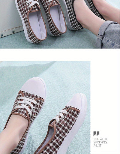 Women's Plaid Pattern Canvas Shoes, Casual Lace Up Outdoor Shoes, Lightweight Low Top Sneakers