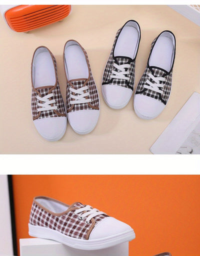 Women's Plaid Pattern Canvas Shoes, Casual Lace Up Outdoor Shoes, Lightweight Low Top Sneakers