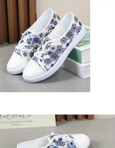 Women's Flower Pattern Canvas Shoes, Casual Lace Up Outdoor Shoes, Lightweight Low Top Shoes