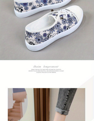 Women's Flower Pattern Canvas Shoes, Casual Lace Up Outdoor Shoes, Lightweight Low Top Shoes