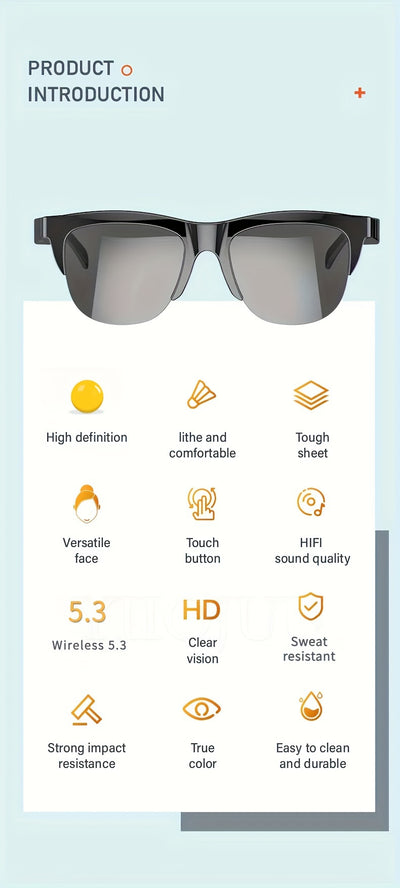 Smart Glasses V5.3, Wireless Wireless Headphones, Multifunctional HD Lens, Rechargeable Battery, Touch Control, Built-in Microphone, Outdoor Sports, HIFI Sound Quality, Unisex, USB Rechargeable, 80mAh Battery Life