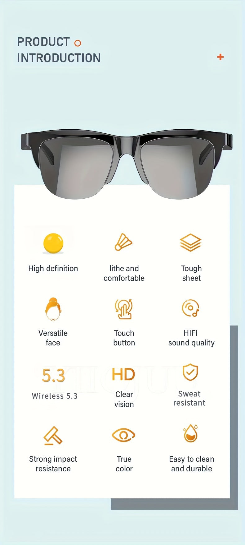 Smart Glasses V5.3, Wireless Wireless Headphones, Multifunctional HD Lens, Rechargeable Battery, Touch Control, Built-in Microphone, Outdoor Sports, HIFI Sound Quality, Unisex, USB Rechargeable, 80mAh Battery Life