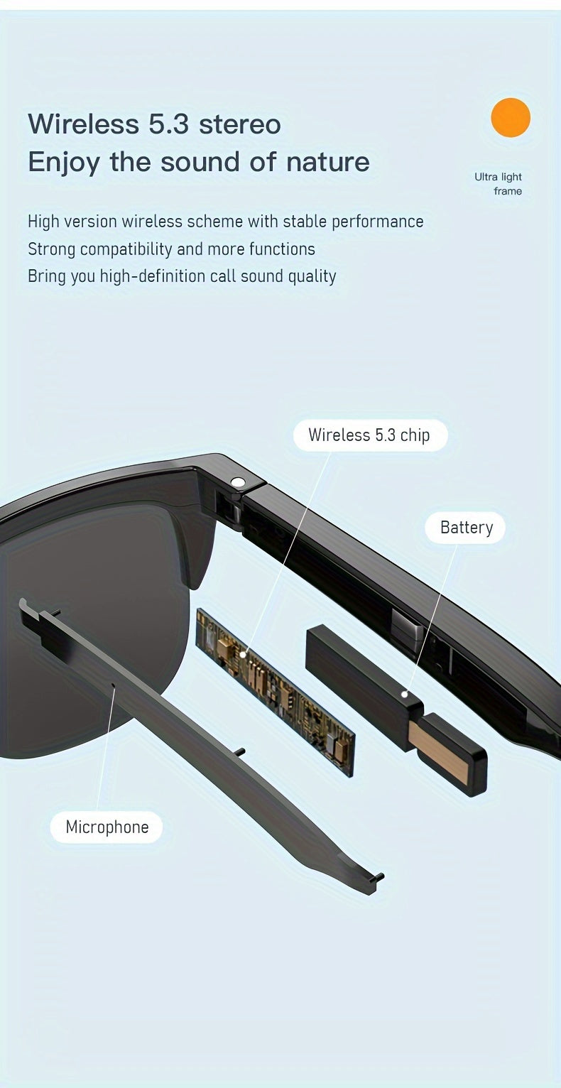Smart Glasses V5.3, Wireless Wireless Headphones, Multifunctional HD Lens, Rechargeable Battery, Touch Control, Built-in Microphone, Outdoor Sports, HIFI Sound Quality, Unisex, USB Rechargeable, 80mAh Battery Life