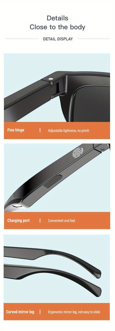 Smart Glasses V5.3, Wireless Wireless Headphones, Multifunctional HD Lens, Rechargeable Battery, Touch Control, Built-in Microphone, Outdoor Sports, HIFI Sound Quality, Unisex, USB Rechargeable, 80mAh Battery Life